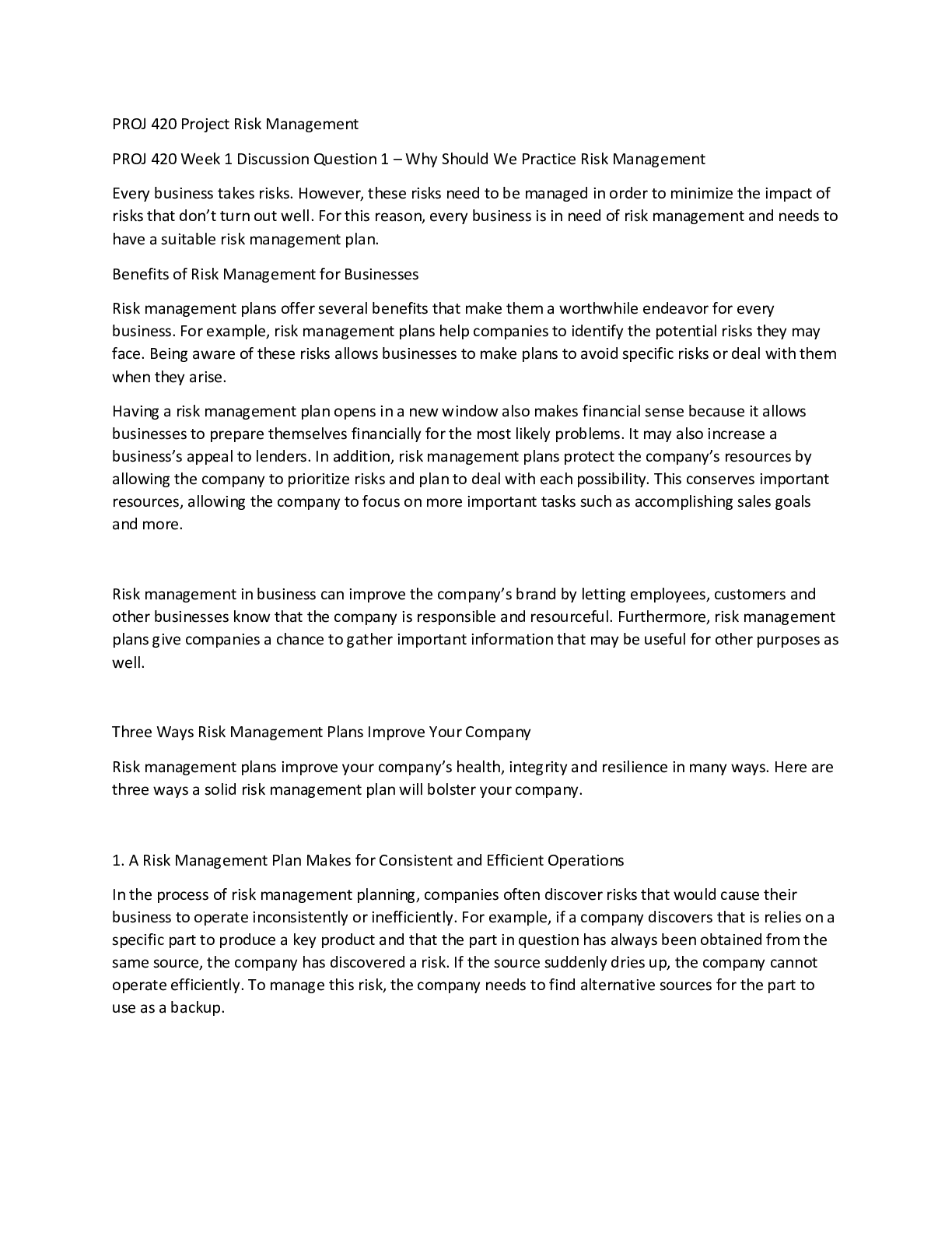 Preview image for PROJ 420 Week 1 Discussion Question 1 – Why Should We Practice Risk Management